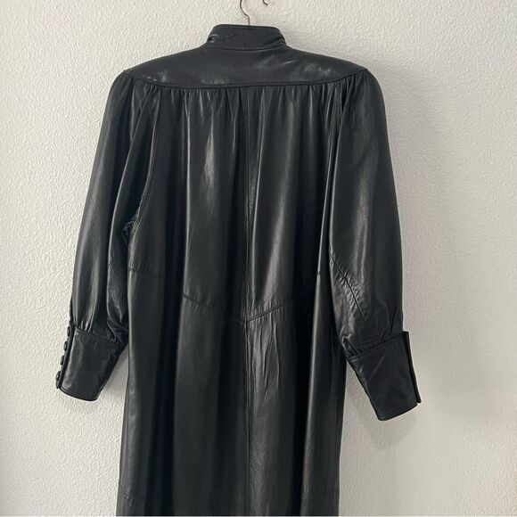 Vtg 80s Leather Coat Long Goth Whimsigoth Full Length Shoulder Pad Victorian L - Picture 8 of 15